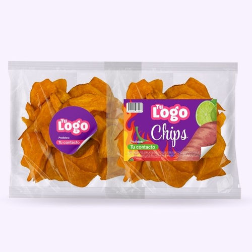 representacion de bolsitas de chips de camote sabor limon con etiqueta personalizada