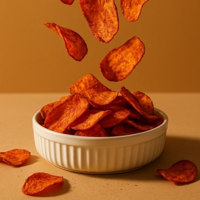 chips de camote deshidratado sabor piquin cayendo a un plato hondo de color blanco sobre fondo beige