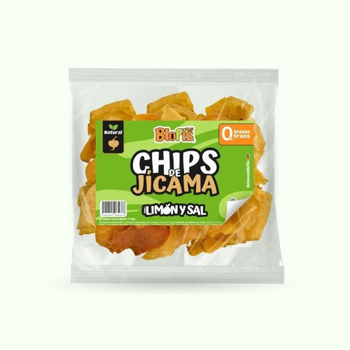 representacion de bolsita de chips de jicama sabor limon con etiqueta de botanas blofis