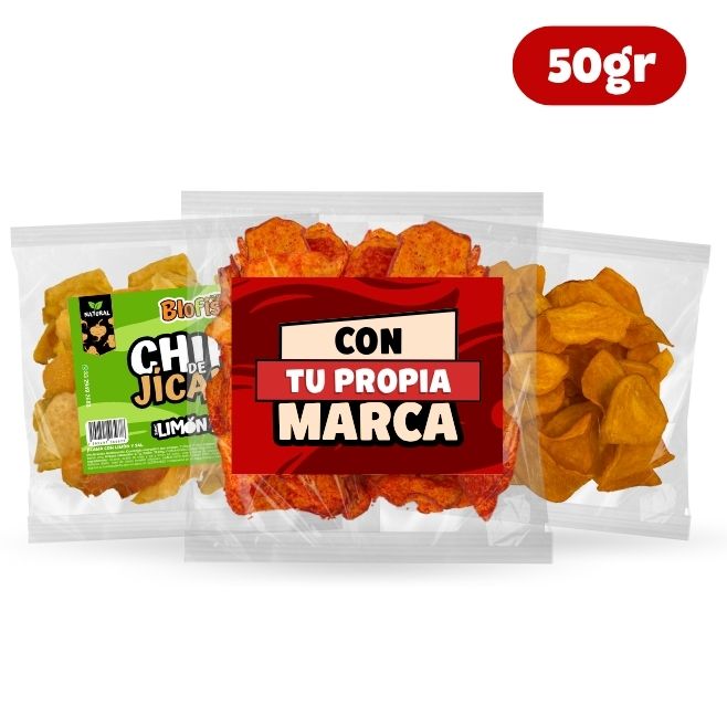 Bolsa de 50 g de chips de vegetales con etiqueta personalizada con la marca del cliente, formato Personalizado