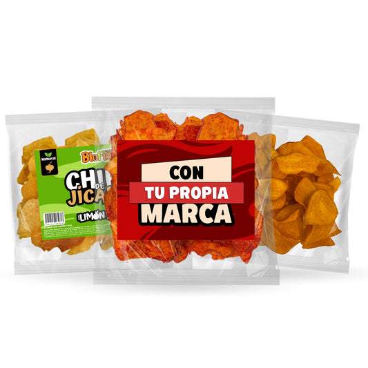 Chips de vegetales 50 g en sus tres formatos: bolsa Blofis de jícama Limón y Sal, bolsa con tu propia marca y bolsa sin etiqueta