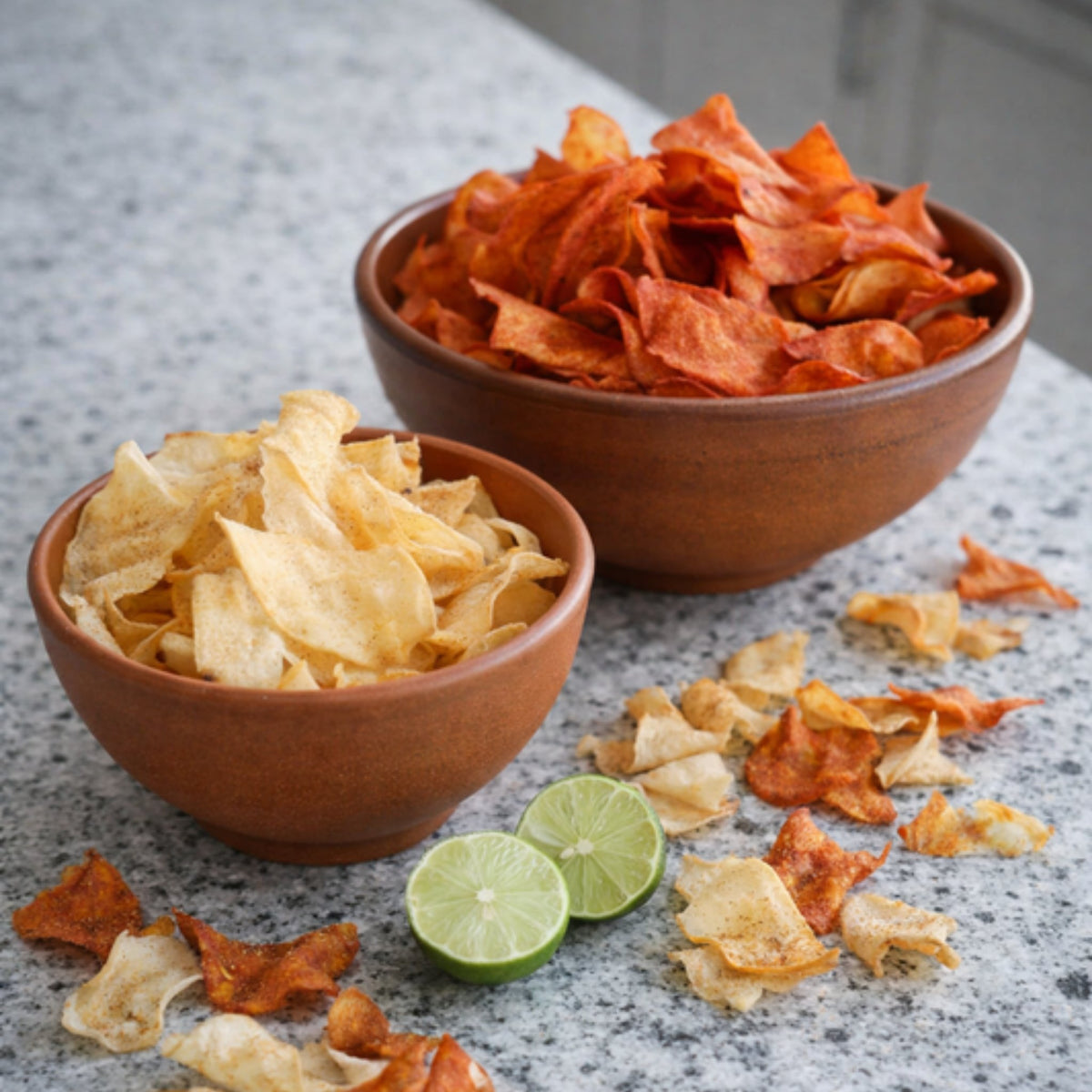 Tazones con chips de jícama Limón y Sal y chips sabor Fuego con limones