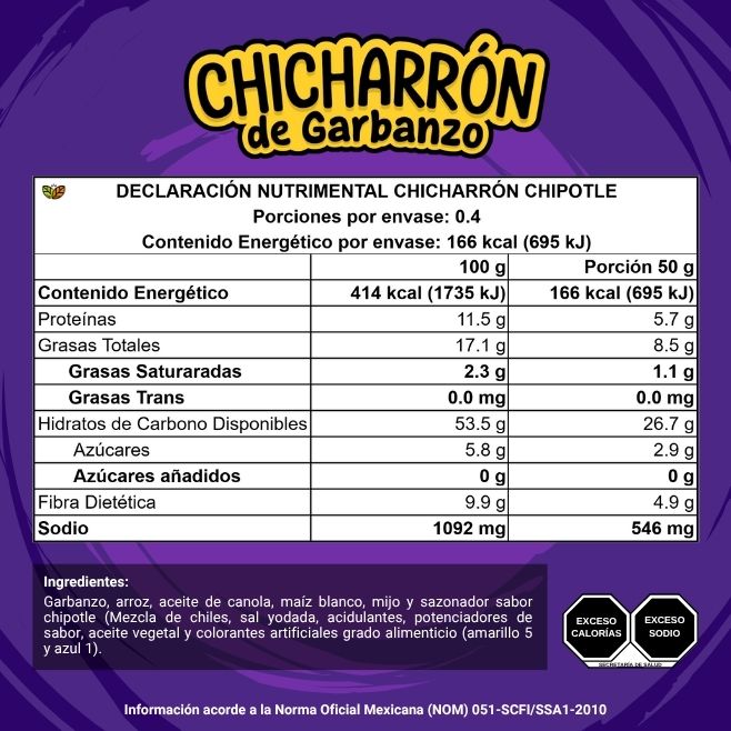 ingredientes y tabla nutricional chicharron de garbanzo chipotle botanas saludables blofis