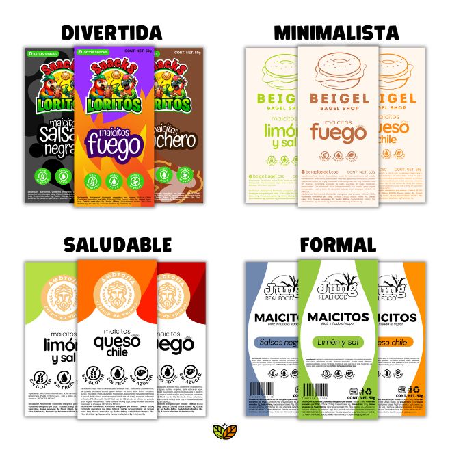 ejemplos de diseños de etiquetas para maiz inflado saludable con diferentes estilos