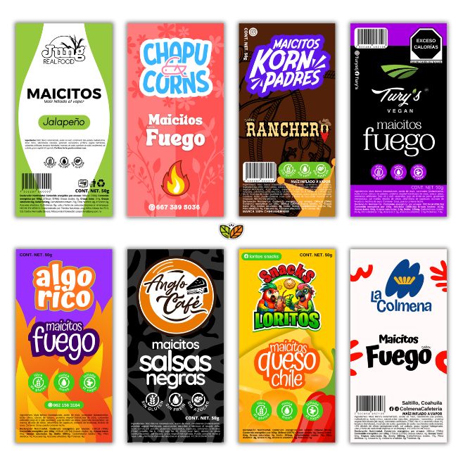 etiquetas personalizadas diseñadas por botanas blofis para diferentes marcas de maicitos