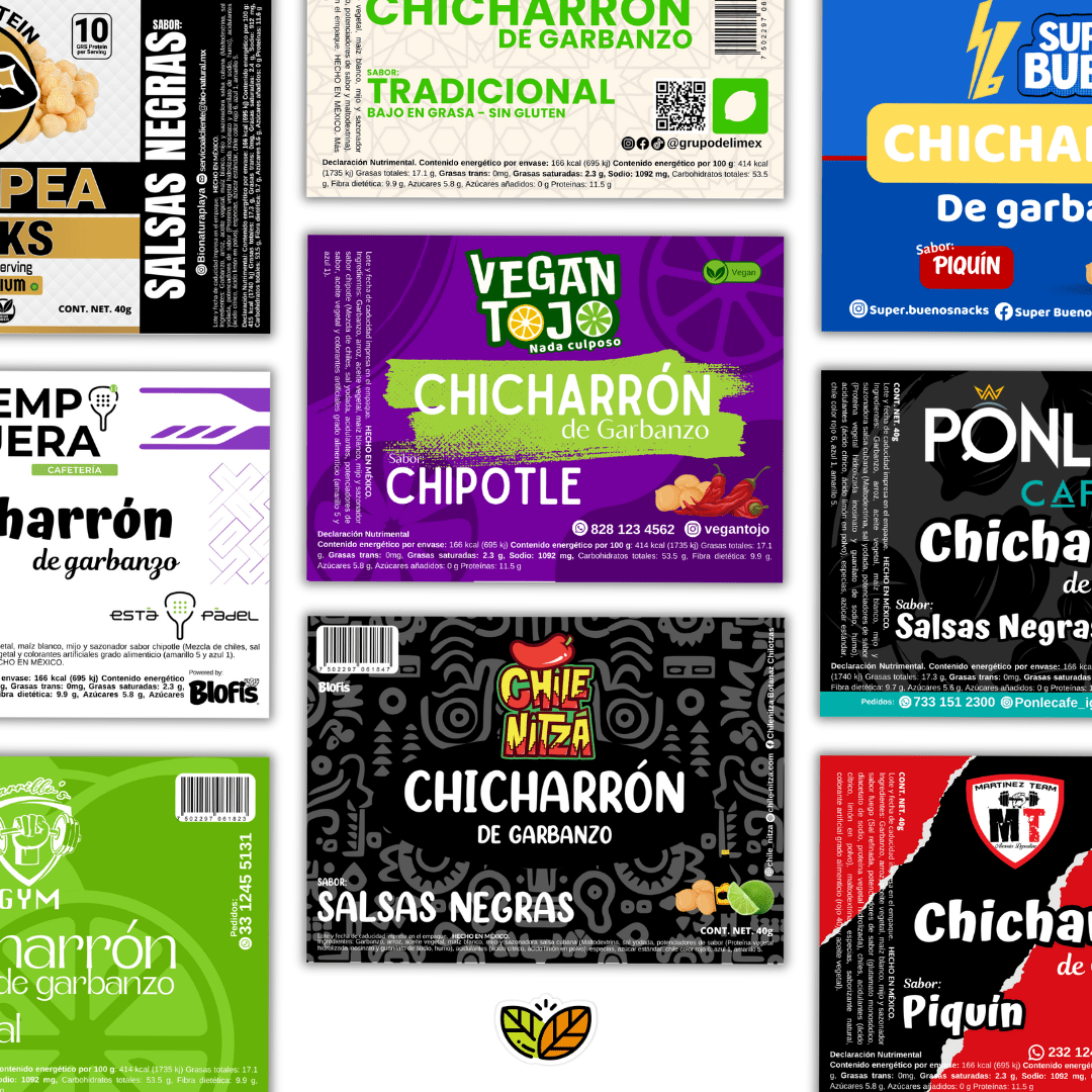 Ejemplos de diseños de etiquetas para chicharrón de garbanzo en diferentes estilos y sabores como chipotle, piquín, salsas negras y tradicional. Ideas de empaques de botanas saludables, horneadas y listas para vender en escuelas, cafeterías y negocios de snacks.
