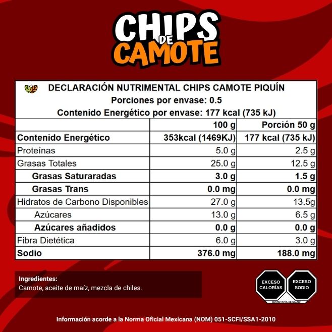 ingredientes y declaracion nutrimental chips de camote piquin