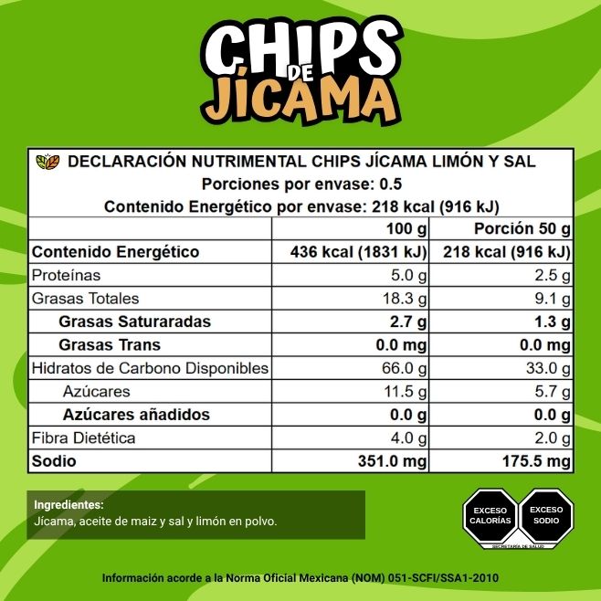 ingredientes y declaracion nutrimental chips de jicama limon y sal
