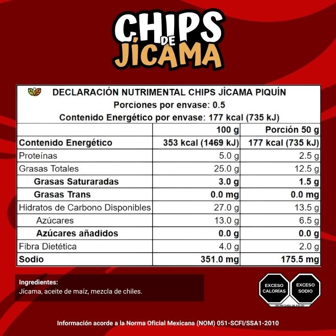 ingredientes y declaracion nutrimental chips de jicama piquin