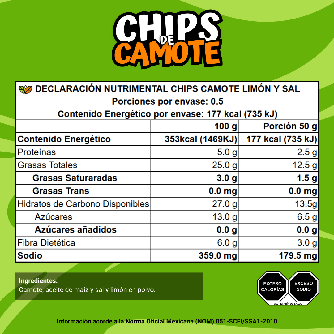 declaracion nutrimental informacion nutricional chips de camote sabor limon y sal botanas saludables snacks mayoreo dulces para vender negocios