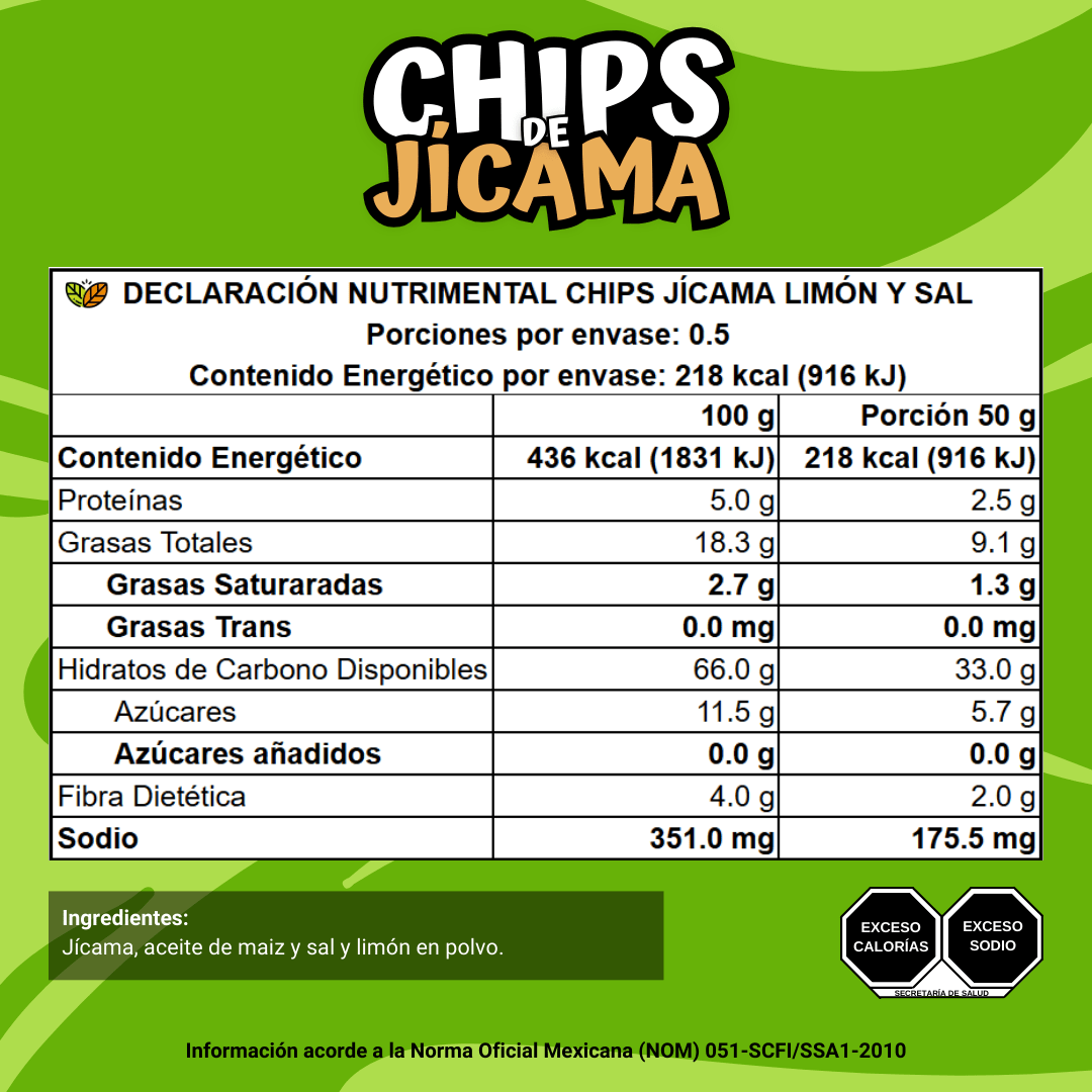 declaracion nutrimental informacion nutricional chips de jicama sabor limon y sal botanas saludables snacks mayoreo dulces para vender negocios