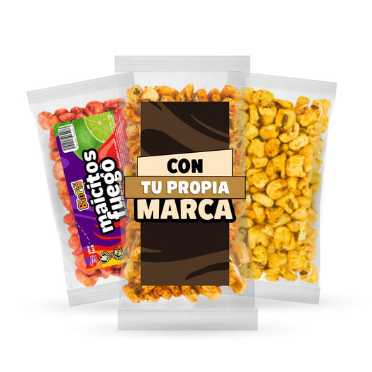 Maicitos 50 g en sus tres formatos: bolsa Blofis sabor Fuego, bolsa con tu propia marca y bolsa sin etiqueta