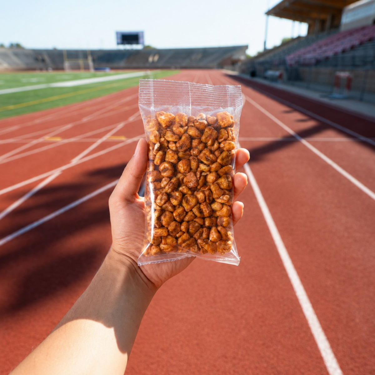 Bolsa de maicitos de 50 g en una pista de atletismo