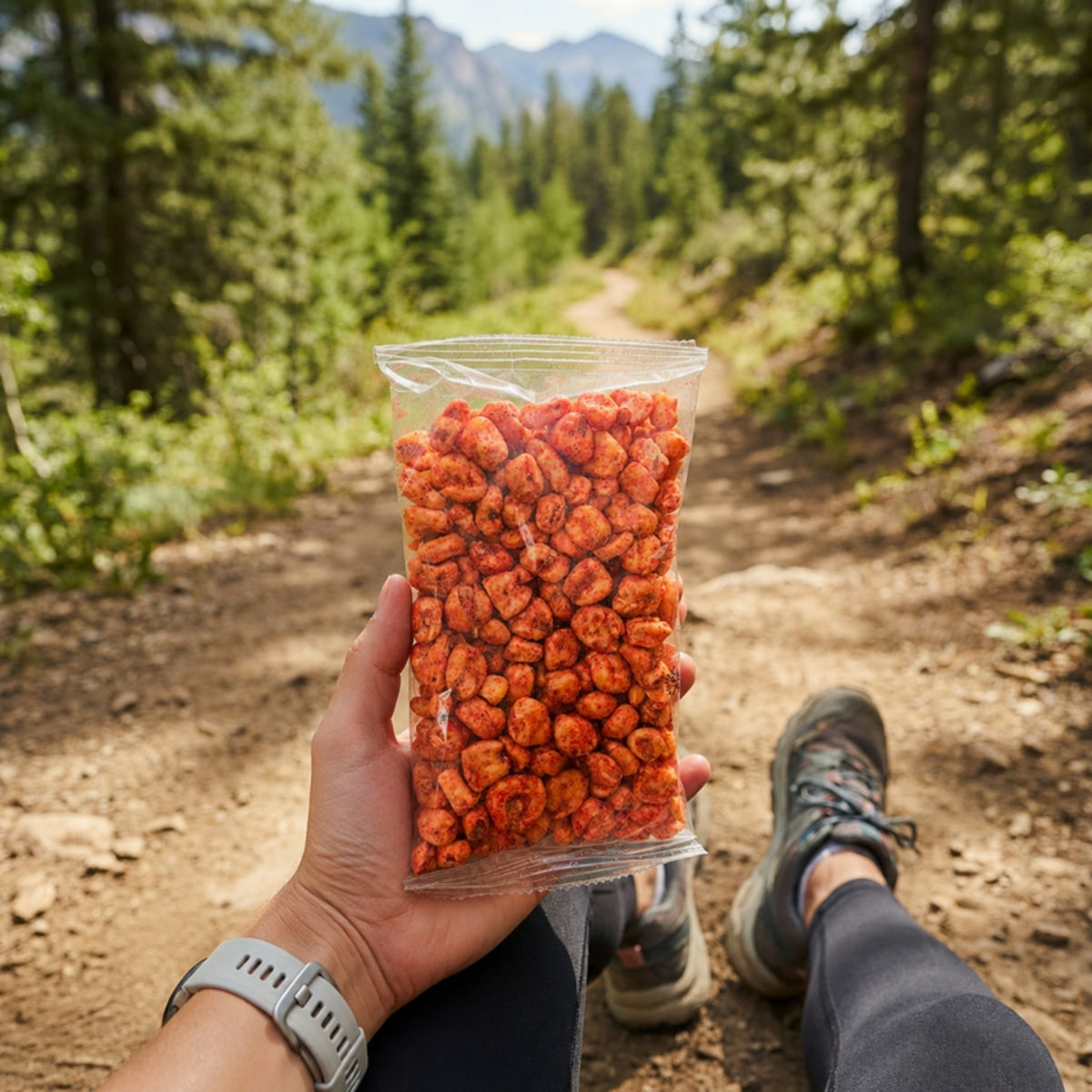 Bolsa de maicitos sabor Fuego en un sendero del bosque
