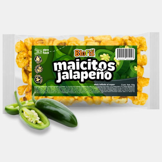 bolsa de maicitos saludables blofis sabor jalapeño con chiles jalapeños frescos en rajas