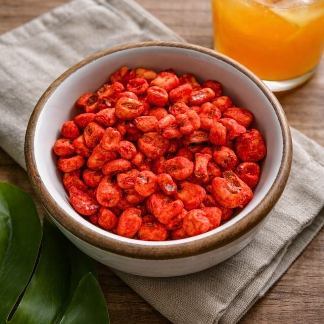 plato hondo repleto de maicitos sabor fuego con una naranjada natural a un lado