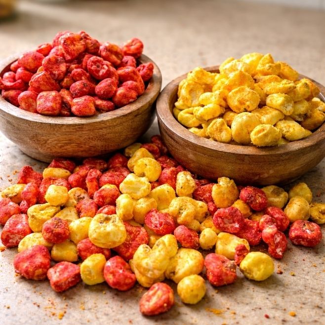 tazón de maicitos sabor fuego junto a tazón de madera sabor jalapeño sobre mesa café claro