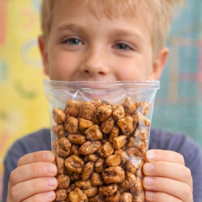 niño de primaria sosteniendo una botana saludable de maiz inflado al vapor sabor salsas negras dentro de su colegio