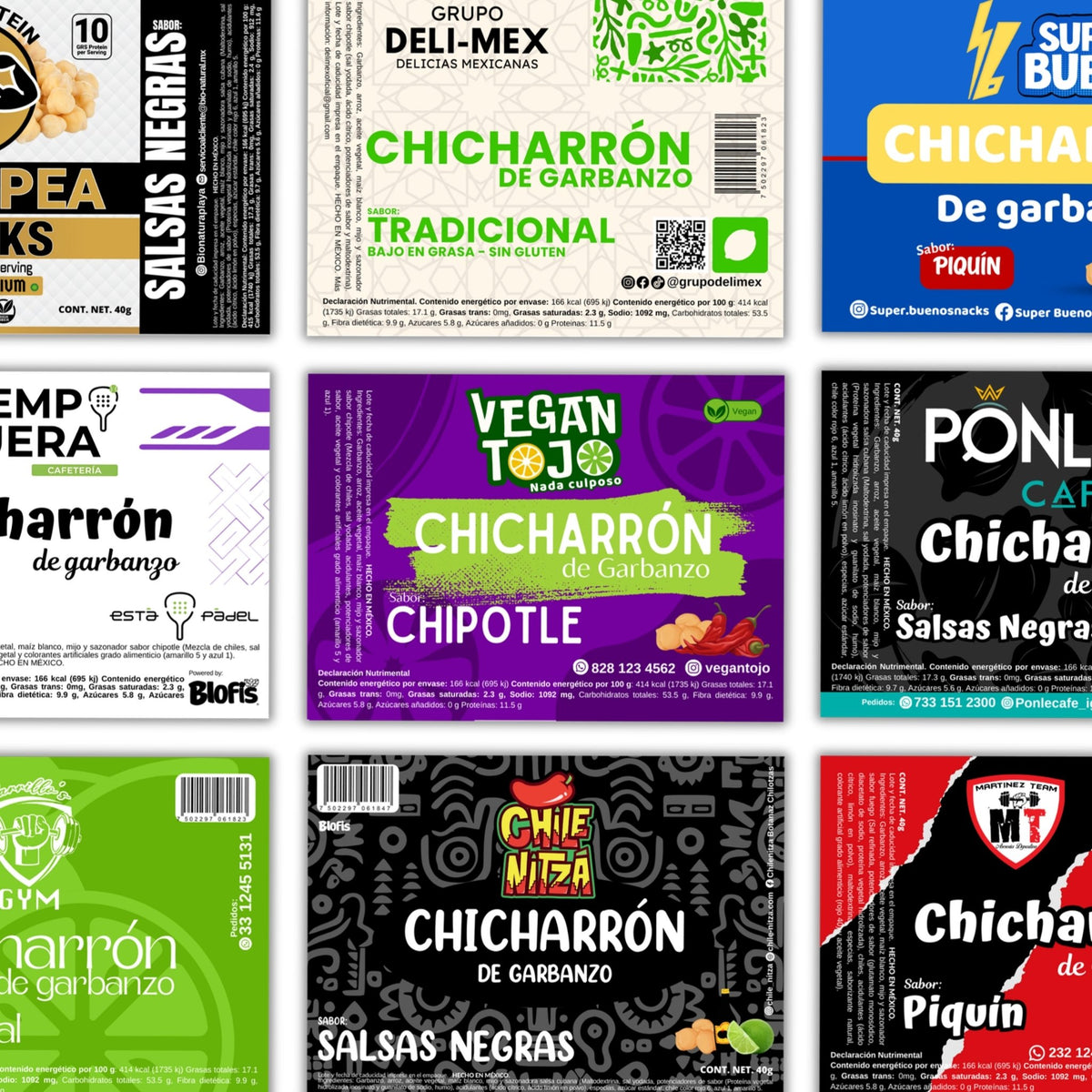 Etiquetas de chicharrón de garbanzo diseñadas por Botanas Blofis para marcas de clientes