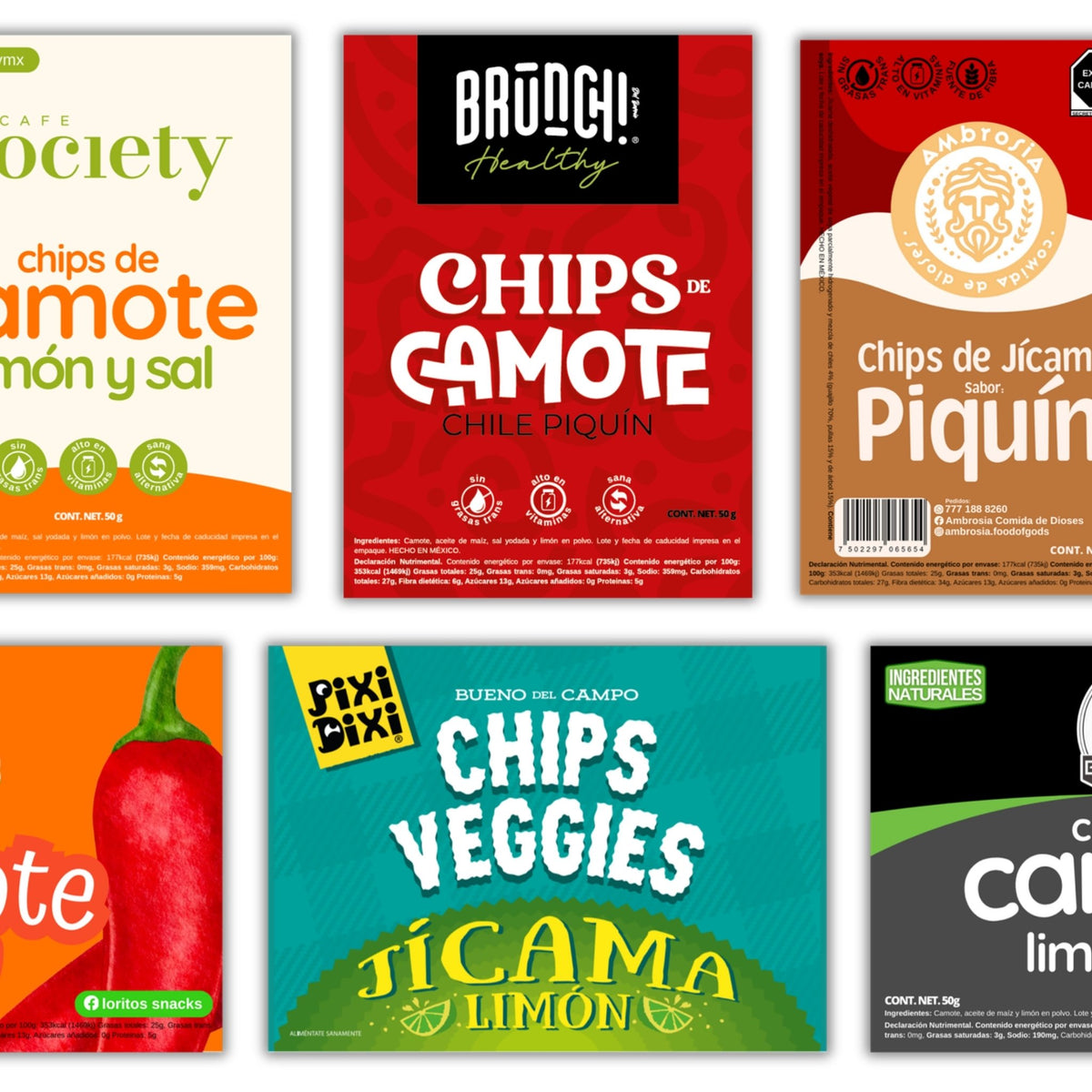 Etiquetas de chips de jícama y camote diseñadas por Botanas Blofis para marcas de clientes