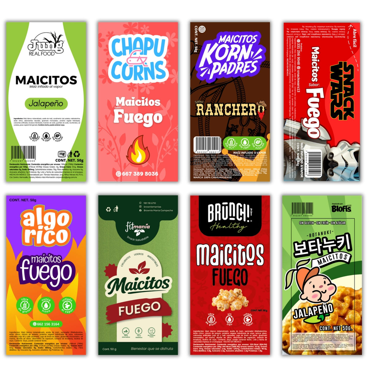 Ocho etiquetas de maicitos diseñadas por Botanas Blofis para marcas de clientes