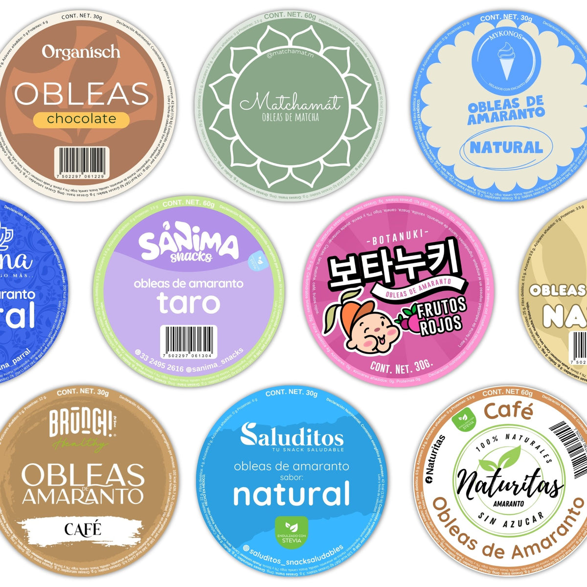 Etiquetas redondas de obleas de amaranto diseñadas por Botanas Blofis para marcas de clientes