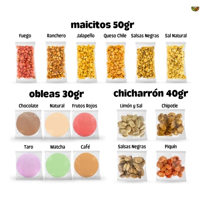 sabores de maiz inflado sabores de obleas de amaranto sabores chicharron de garbanzo botanas saludables blofis