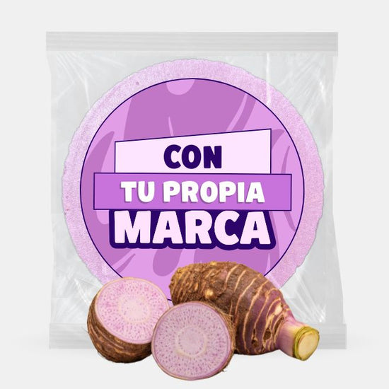 obleas de amaranto sabor taro empacada en presentación de 30grs con bolsa transparente y de frente unos taros naturales