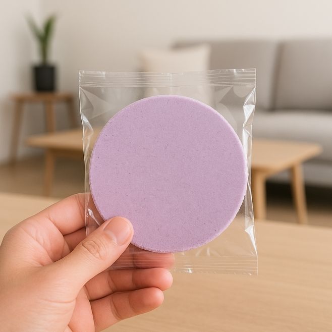 mano sosteniendo un paquete de obleas de amaranto taro con el fondo de una sala minimalista