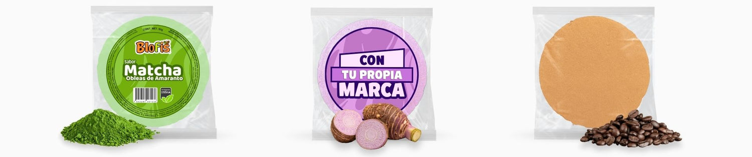 Variantes de obleas de amaranto: distribución oficial con etiqueta Blofis sabor matcha, empaque personalizado con marca propia y presentación sin etiqueta.