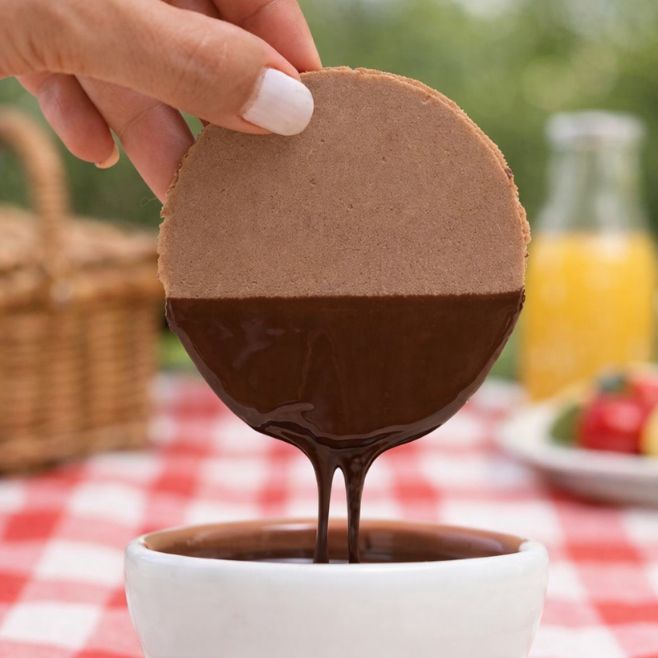 obleas de amaranto con chocolate derretido en fondo de picnic en el parque