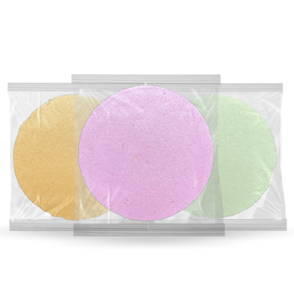 Tres Obleas de Amaranto de 30 g en bolsa individual transparente, en dorado, rosa y verde según su sabor