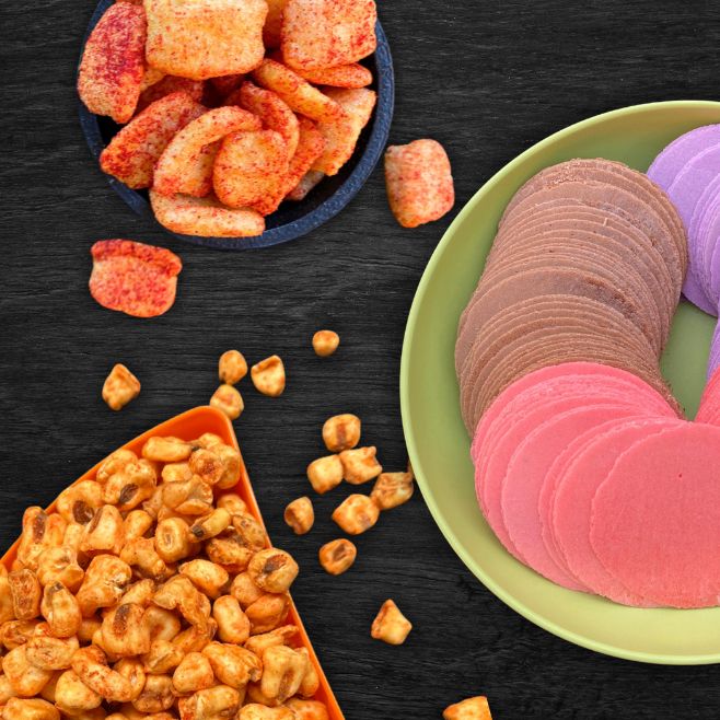 chicharron de garbanzo piquin maiz inflado queso chile obleas de amaranto chocolate frutos rojos y taro