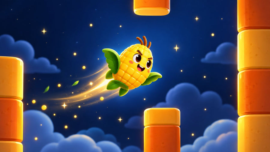Portada del juego Elotito Volador: un elote con alas vuela entre tubos naranjas en un cielo estrellado