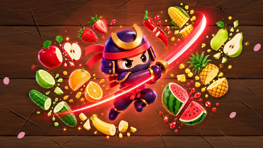 Portada del juego Samurái de Blofis: un ninja rebana frutas y verduras en el aire con su katana