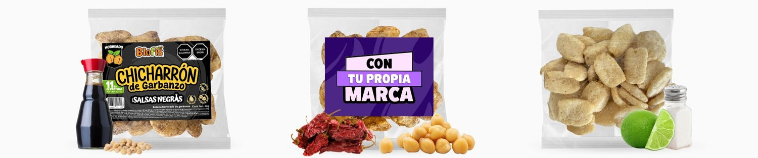Variantes de chicharrón de garbanzo: distribución oficial con etiqueta Blofis sabor salsas negras, empaque personalizado con marca propia y presentación sin etiqueta.