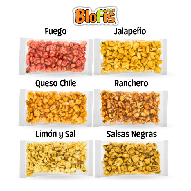 diferentes sabores de maicitos para vender en presentación de 50grs sin etiqueta