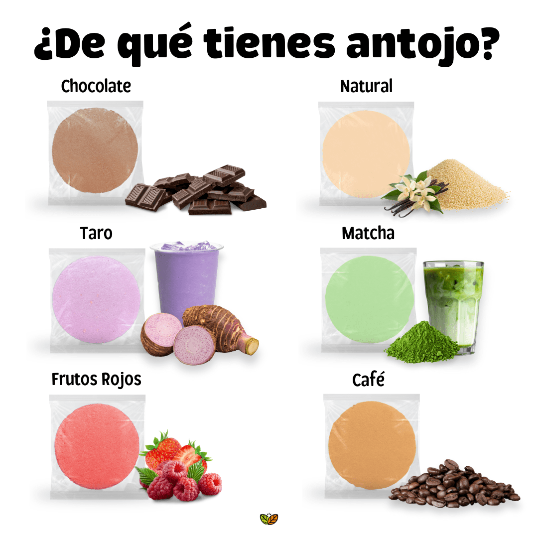 Imagen comparativa de sabores naturales de obleas de amaranto Blofis: chocolate, natural, taro, matcha, frutos rojos y café. sin azucar endulzadas con estevia