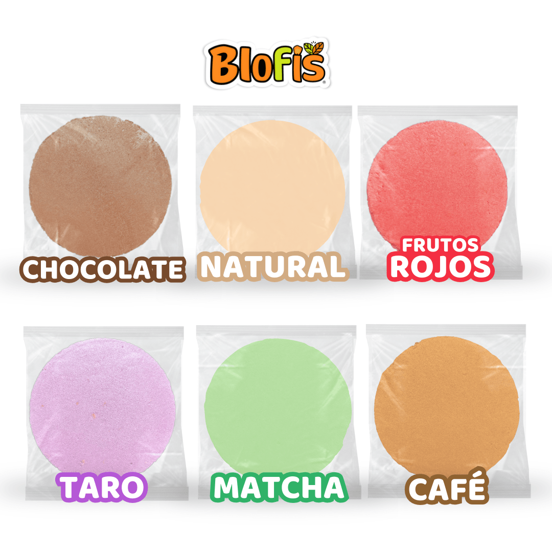 Obleas de amaranto Blofis en sabores Chocolate, Natural, Frutos Rojos, Taro, Matcha y Café, botanas saludables sin gluten y sin azúcares añadidos, ideales como snack escolar y para cafeterías.