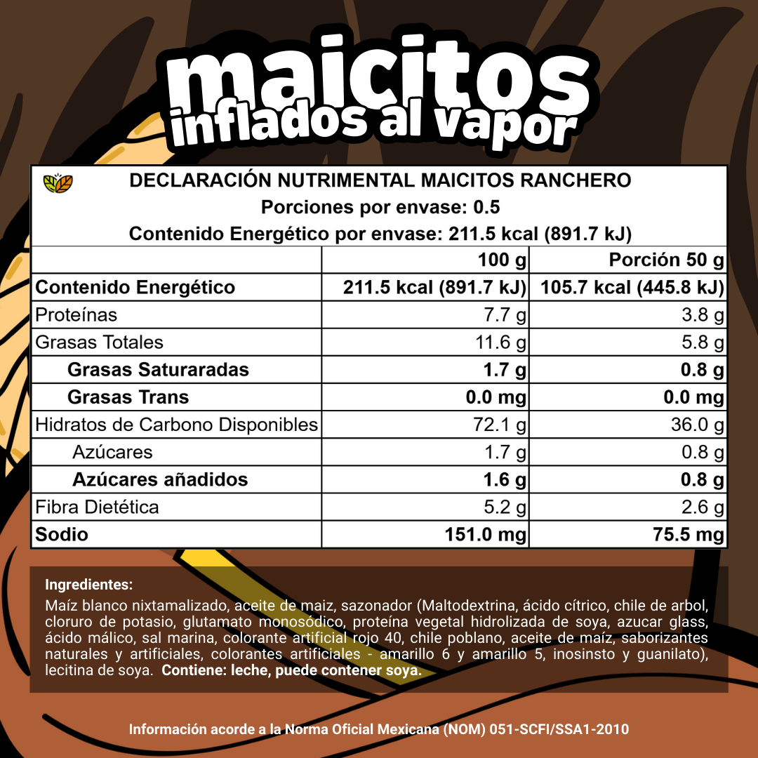 Tabla nutrimental de Maicitos inflados al vapor sabor Ranchero. Snack escolar autorizado por la SEP con información de calorías, proteínas, grasas, carbohidratos y sodio. Botana saludable al mayoreo para cooperativas y tienditas.