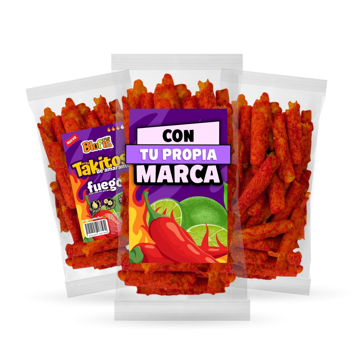 Takitos de amaranto 50 g en sus tres formatos: bolsa Blofis sabor Fuego, bolsa con tu propia marca y bolsa sin etiqueta