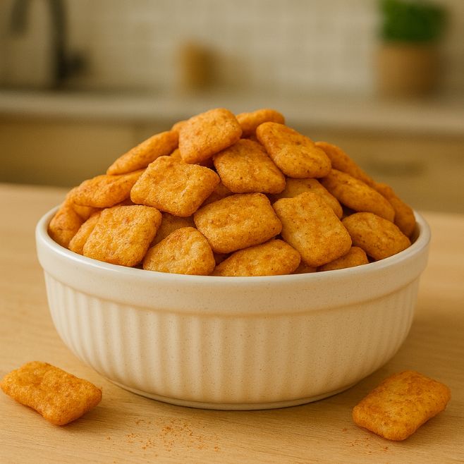 plato hondo repleto con chicharrones de garbanzo horneado sabor chipotle sobre una mesa de madera y fondo de cocina moderna