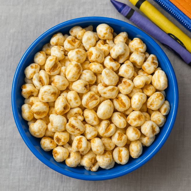 tazon azul lleno hasta el tope de maicitos saludables sabor natural angulo cenital y en la mesa unas crayolas con un estuche