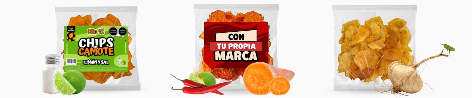 Variantes de chips de vegetales: distribución oficial con etiqueta Blofis sabor camote limon, empaque personalizado con marca propia y presentación sin etiqueta
