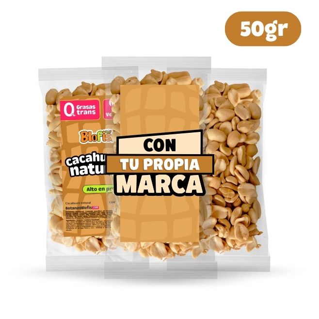 cacahuates tostados sin sal 100% natural presentacion de 50 gramos etiquetados con tu propia marca