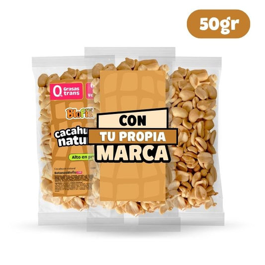 Bolsas de cacahuate natural Blofis de 50 g en sus tres formatos: sin etiqueta, con marca Blofis y con tu propia marca