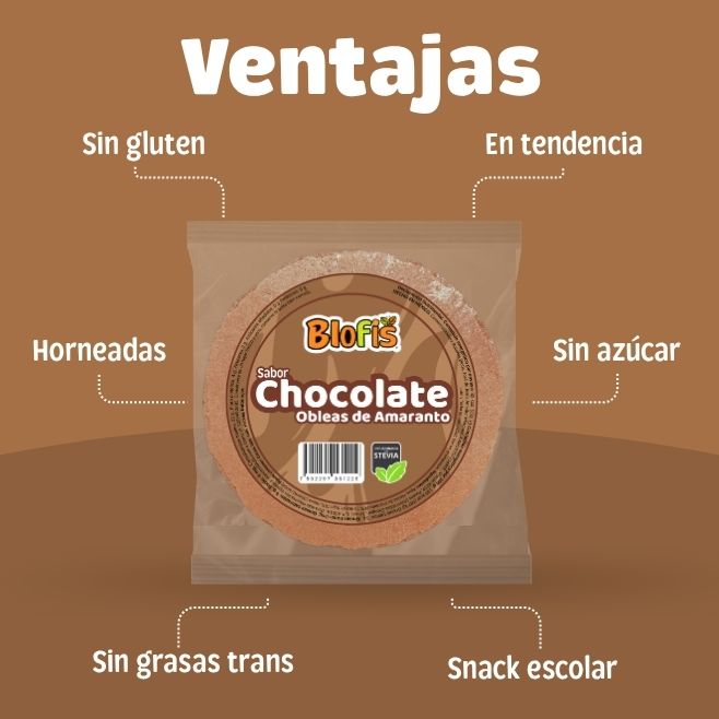 Obleas de amaranto sabor chocolate Blofis, snack escolar saludable sin gluten, sin azúcar, sin grasas trans y horneadas, en tendencia como botana nutritiva aprobada para cooperativas escolares.