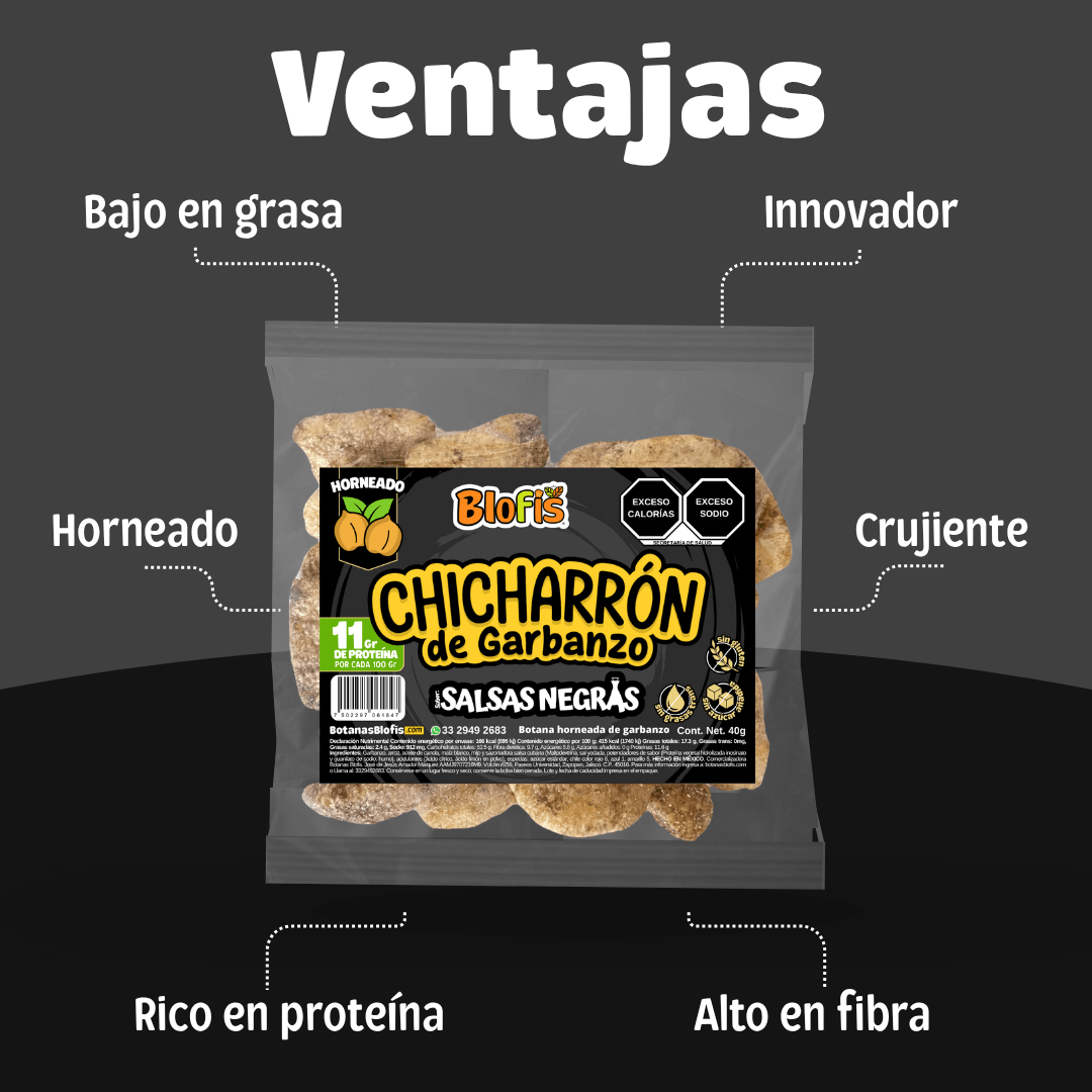 Chicharrón de garbanzo Blofis sabor salsas negras en empaque con sus principales ventajas: bajo en grasa, horneado, rico en proteína, alto en fibra, crujiente e innovador. Snack saludable ideal para negocios, cafeterías escolares y tiendas de botanas.