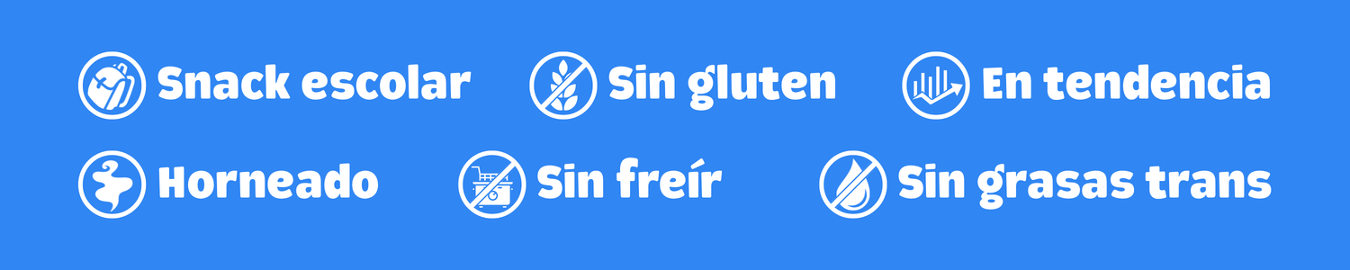 Iconos de beneficios de los maicitos inflados al vapor Blofis: snack escolar autorizado, sin gluten, en tendencia, horneado, sin freír y sin grasas trans.